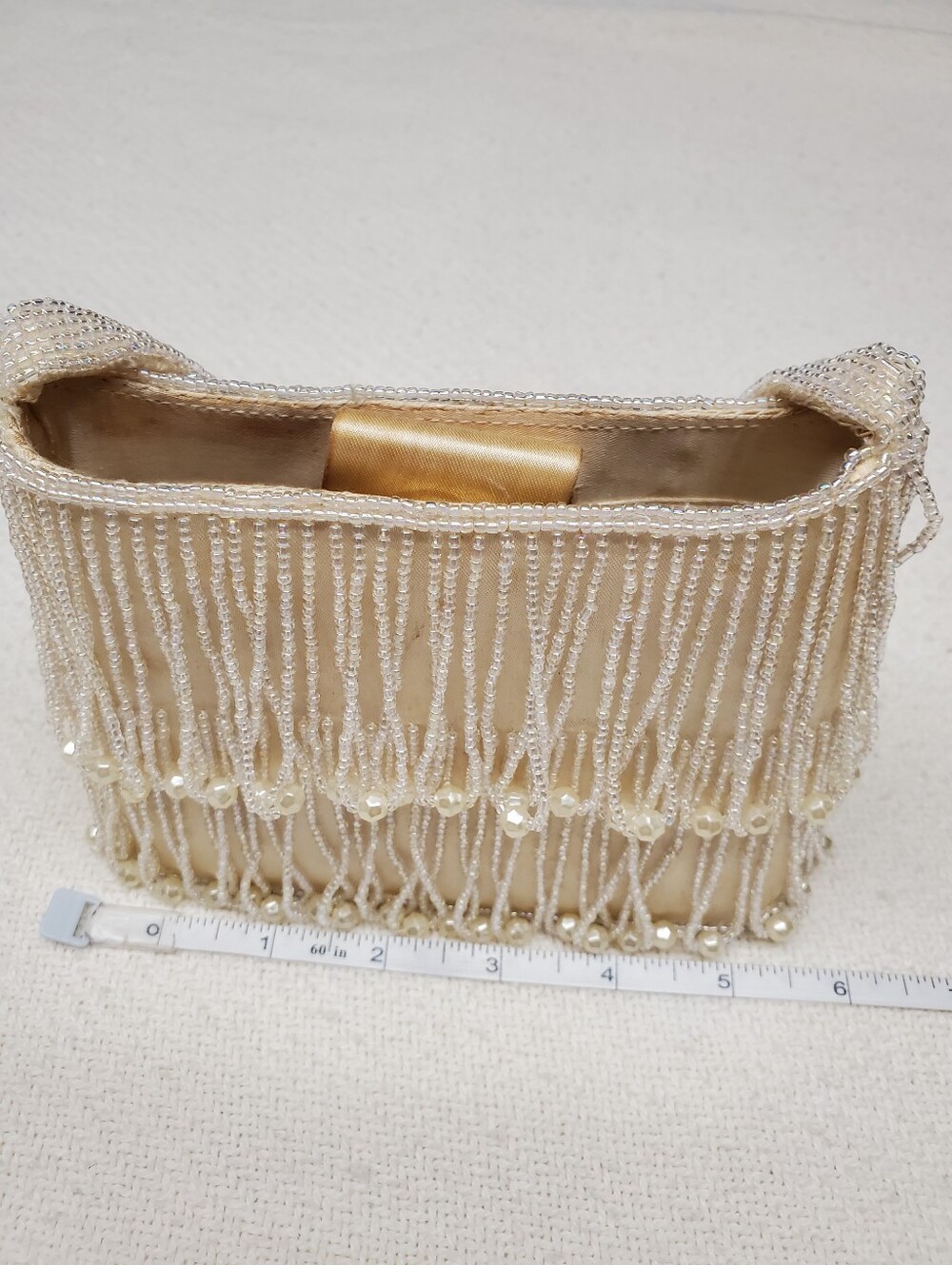 Vintage La Regale Beaded Fringe Evening Bag Ivory Pearl Crossbody Mini Purse - Picture 6 of 10